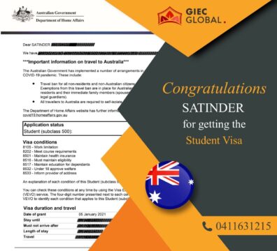 Australia Study Visa Granted of Satinder
