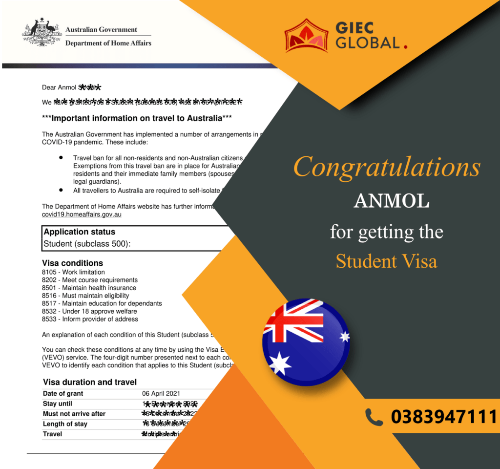 Australia Study Visa Granted of Anmol