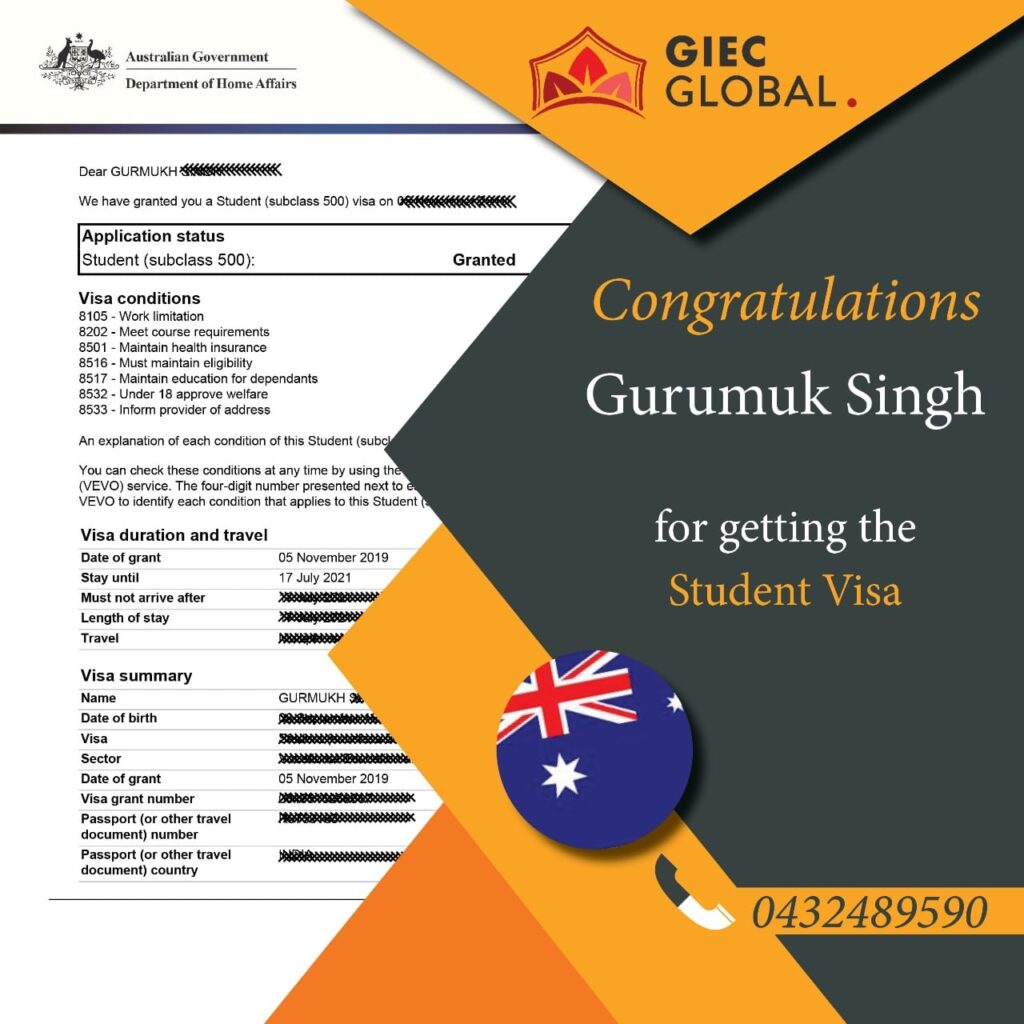 Australia Study Visa Granted of Gurumuk Singh