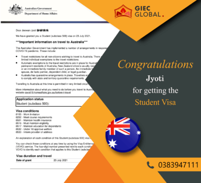 Australia Study Visa Granted of Jyoti