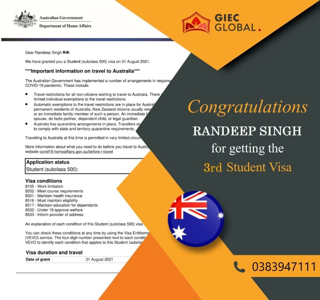 Australia Study Visa Granted of Randeep Singh