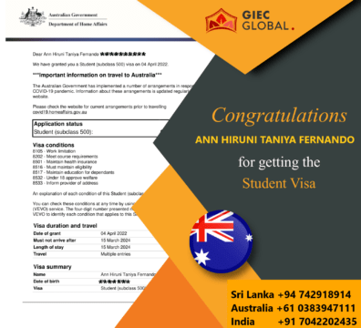 Australia Study Visa Granted of ANN HIRUNI TANIYA FERNANDO