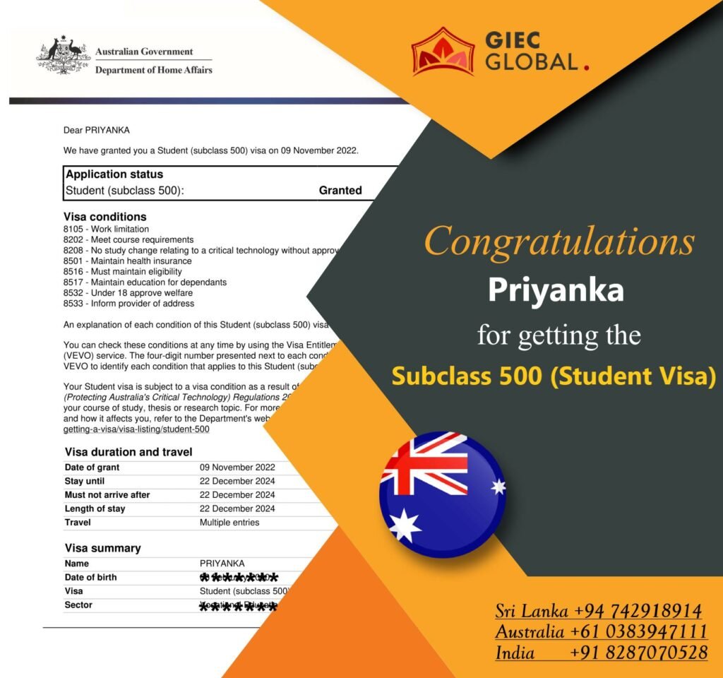 Australian 500 Visa ( Student Visa ) of Priyanka