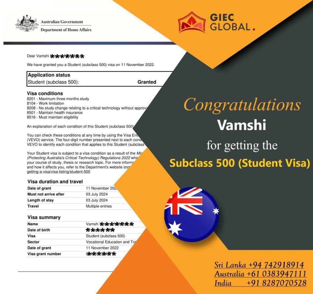 Australian 500 Visa ( Student Visa ) Granted of Vamshi
