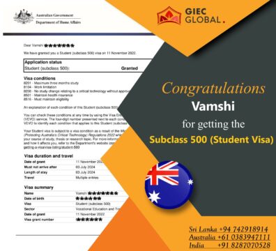 Australian 500 Visa ( Student Visa ) Granted of Vamshi