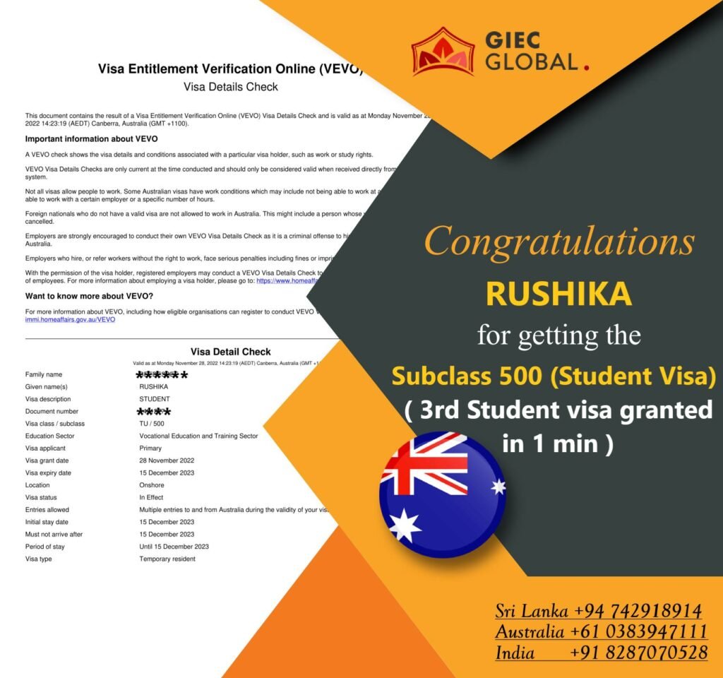 Subclass 500 Student Visa Granted of Rushika