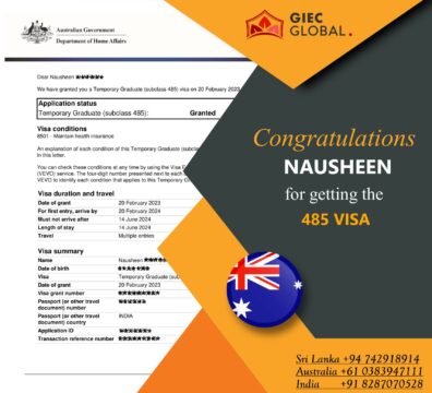 Congratulations to NAUSHEEN for the 485 visa granted