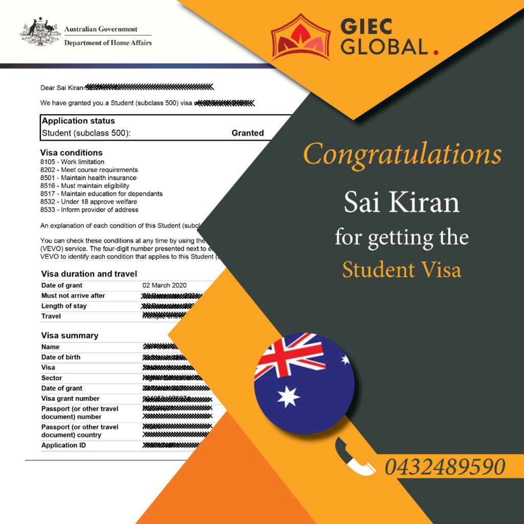 Australia Study Visa Granted of Sai Kiran