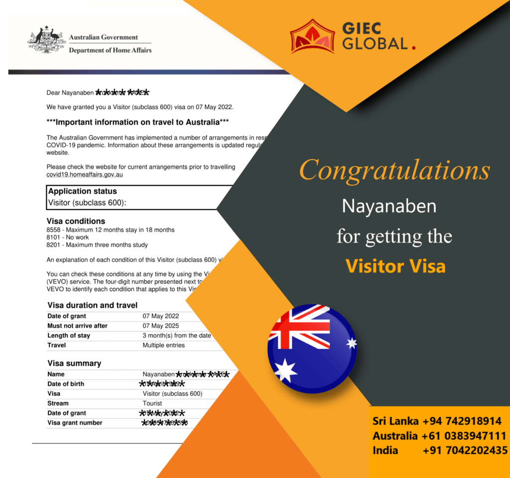 Australia Visitor Visa Granted of Nayanaben