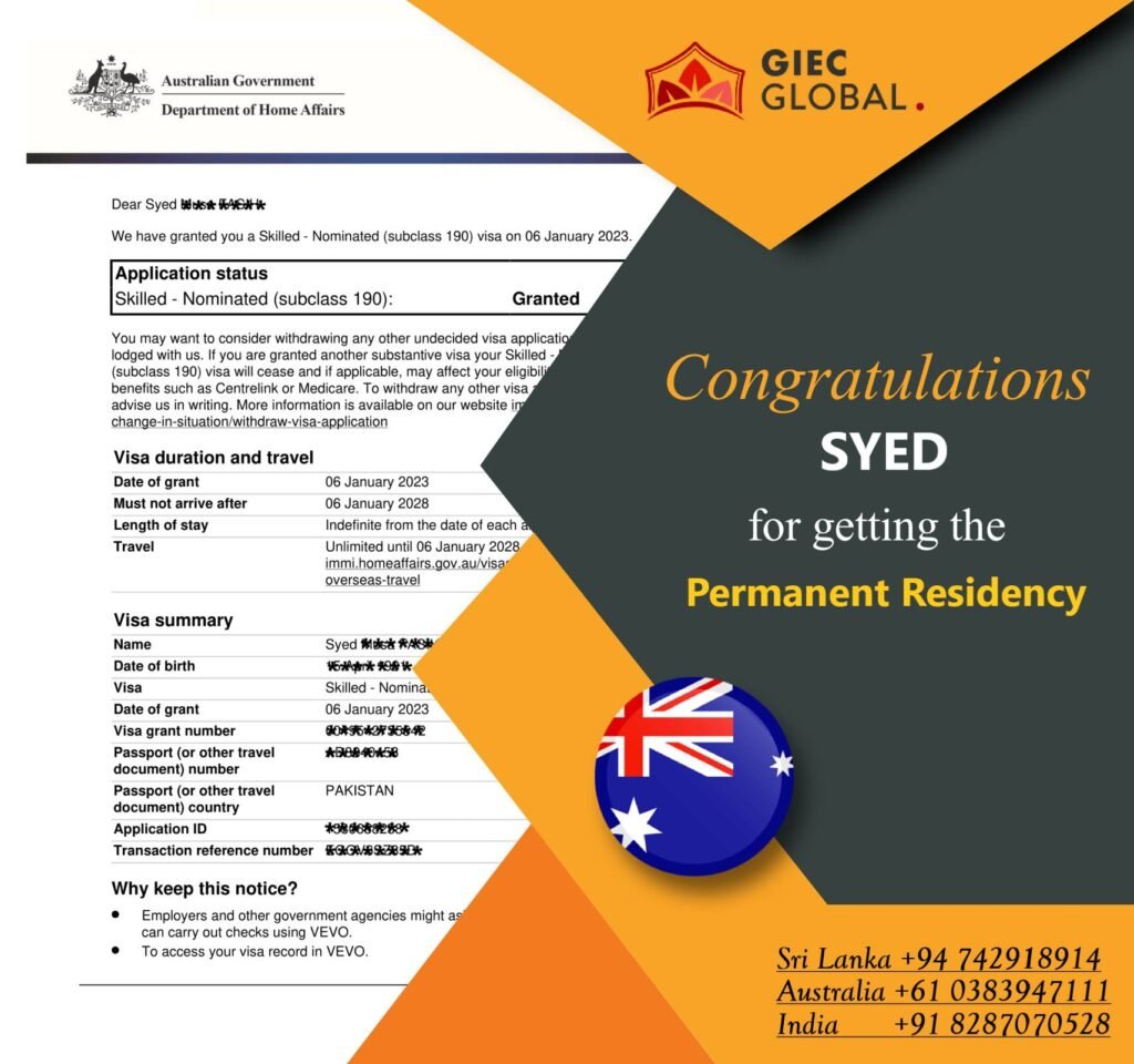 Australia PR Visa (190) Granted of Syed
