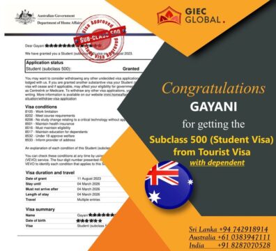Australia Student Visa Grant from Tourist Visa with Dependent of Gayani