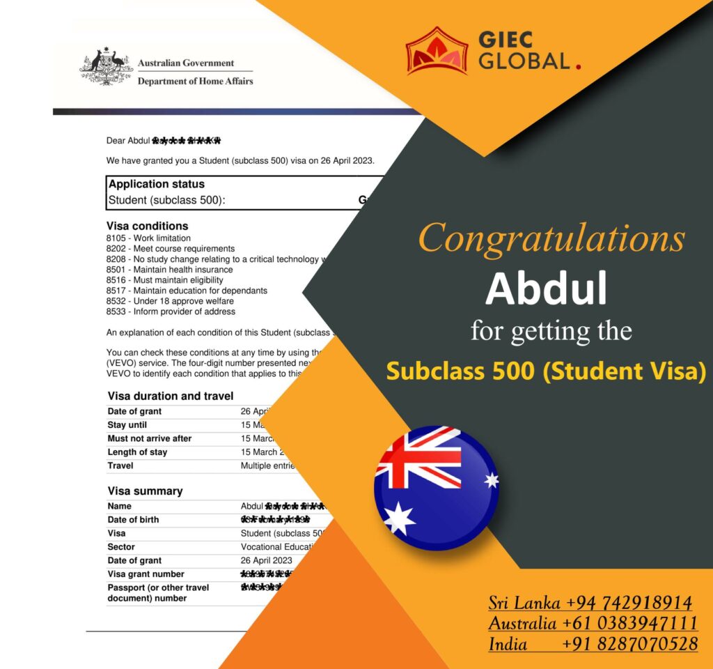 Australia Student Visa Grant of Abdul