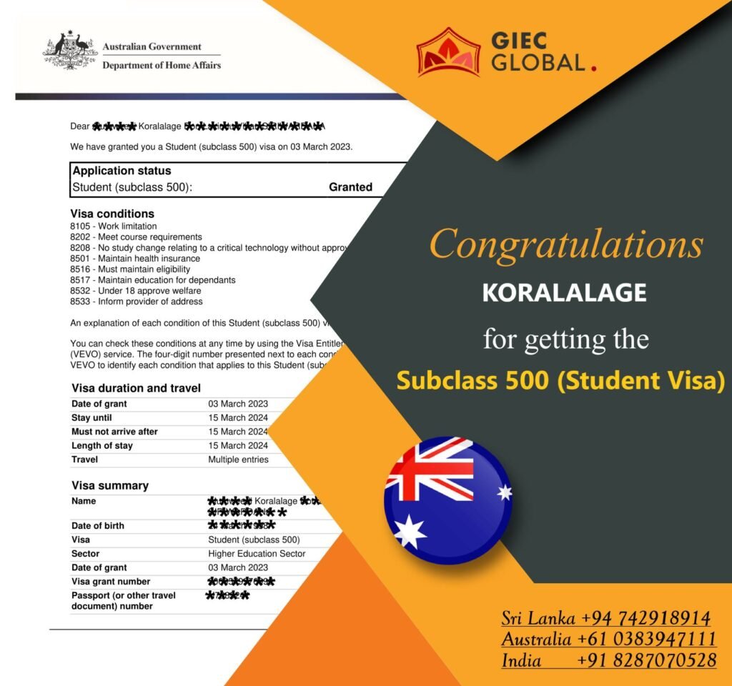 Australia Student Visa Grant of Koralalage