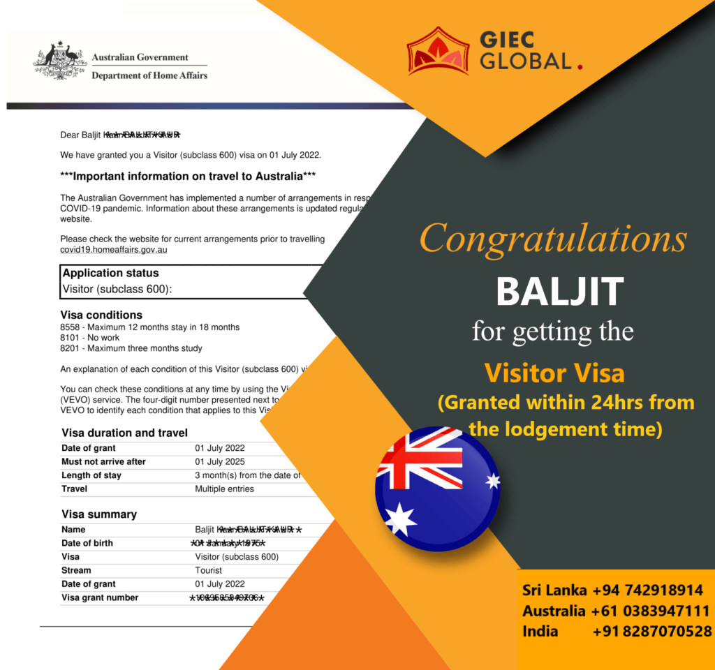 Australia Tourist Visa Granted of Baljit