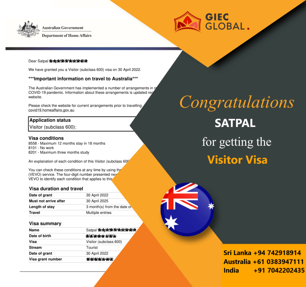 Australia Visit Visa Granted of Satpal