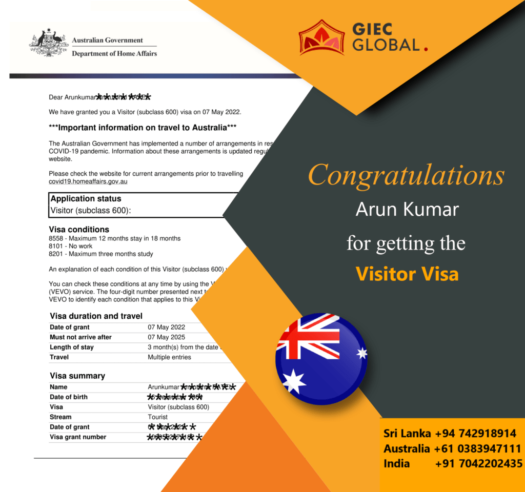 Australia Visitor Visa Approved of Arun Kumar