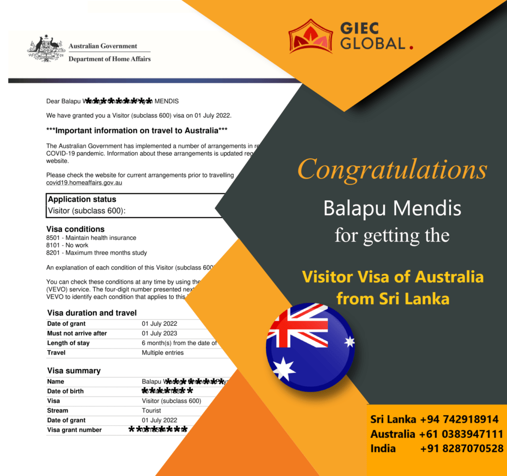 Australia Visitor Visa Granted of Balapu Mendis