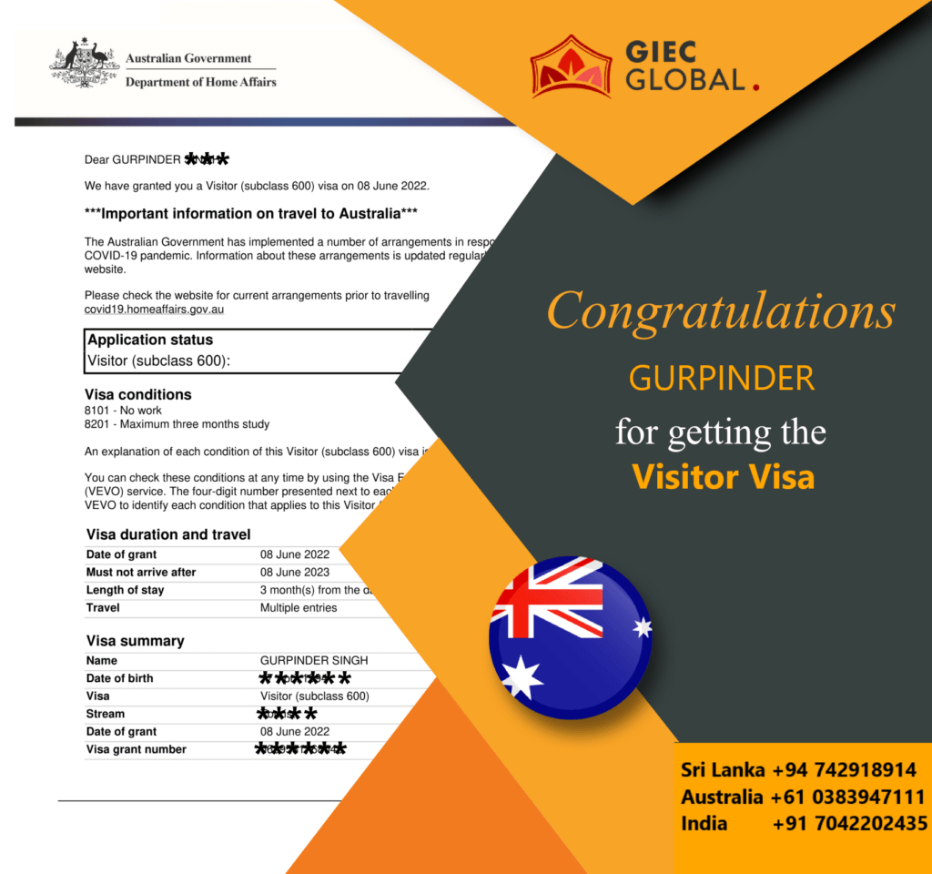 Australia Visitor Visa Granted of Gurpinder
