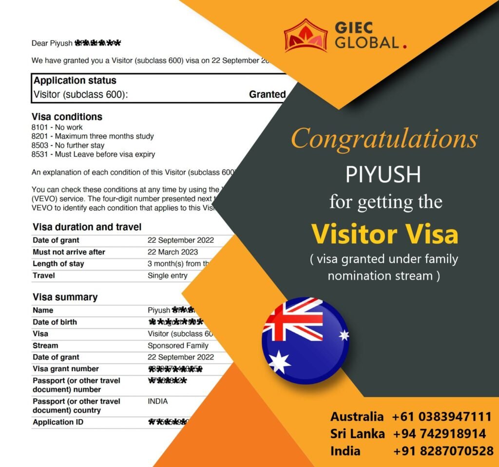 Australia Visitor Visa Granted of Piyush