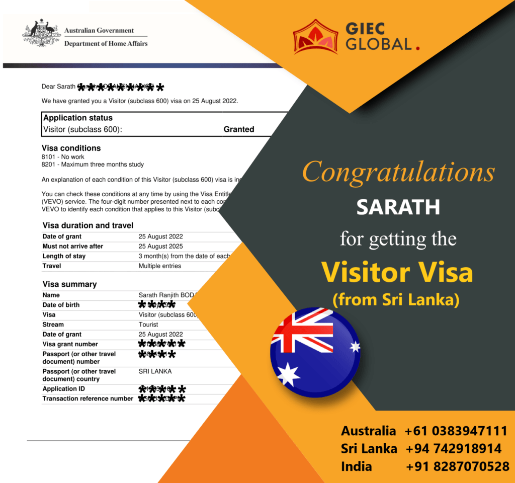 Australia Visitor Visa Granted of Sarath