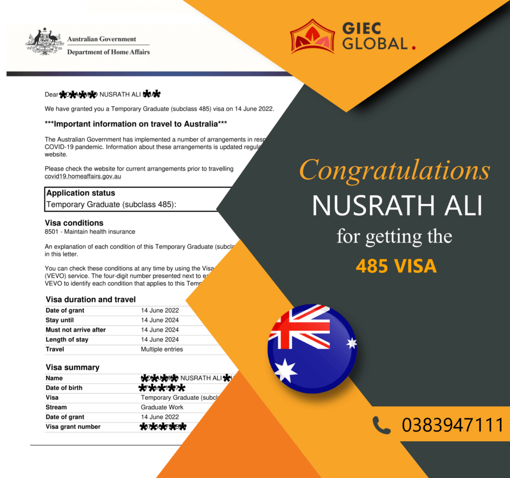 Australia Work Visa Granted of NUSRATH ALI