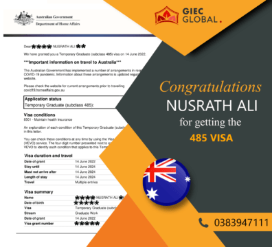 Australia Work Visa Granted of NUSRATH ALI