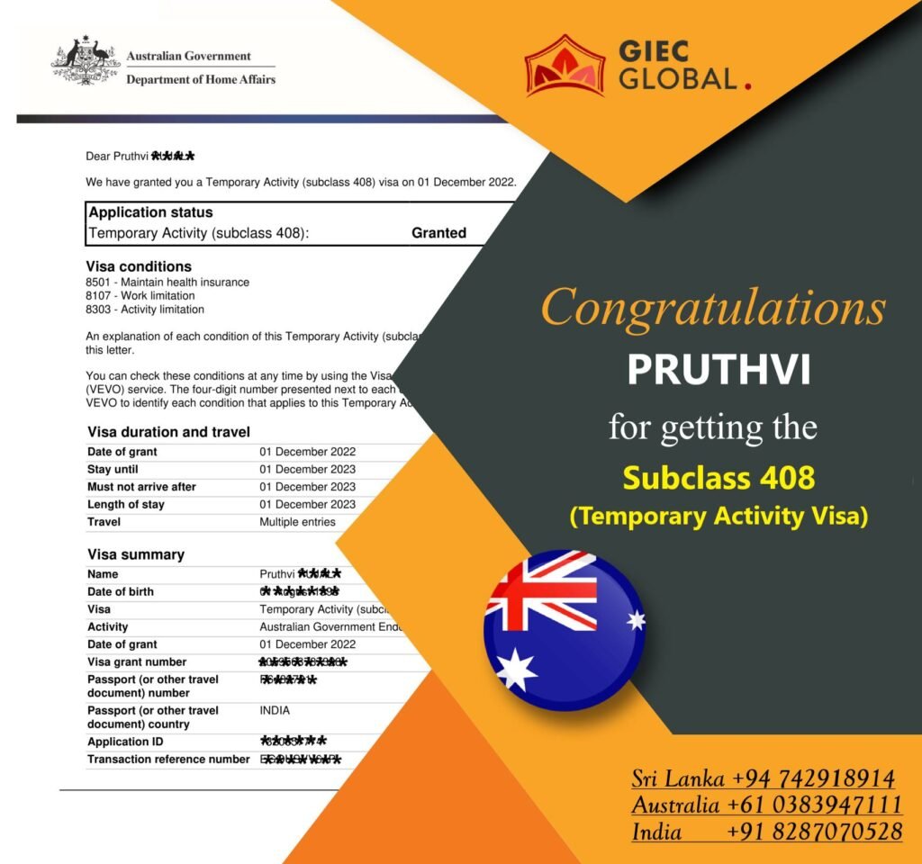 Australia Work Visa Granted of PRUTHVI