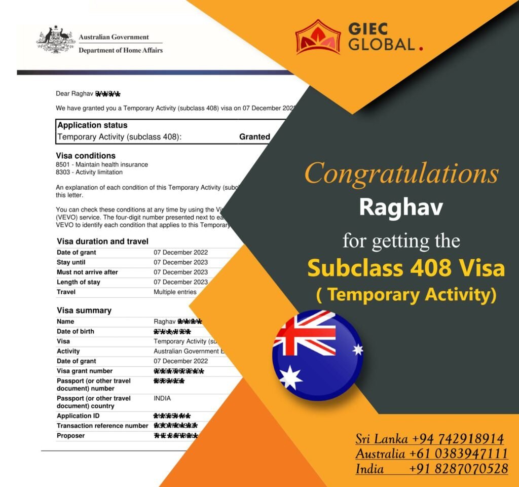 Australia Work Visa Granted of RAGHAV