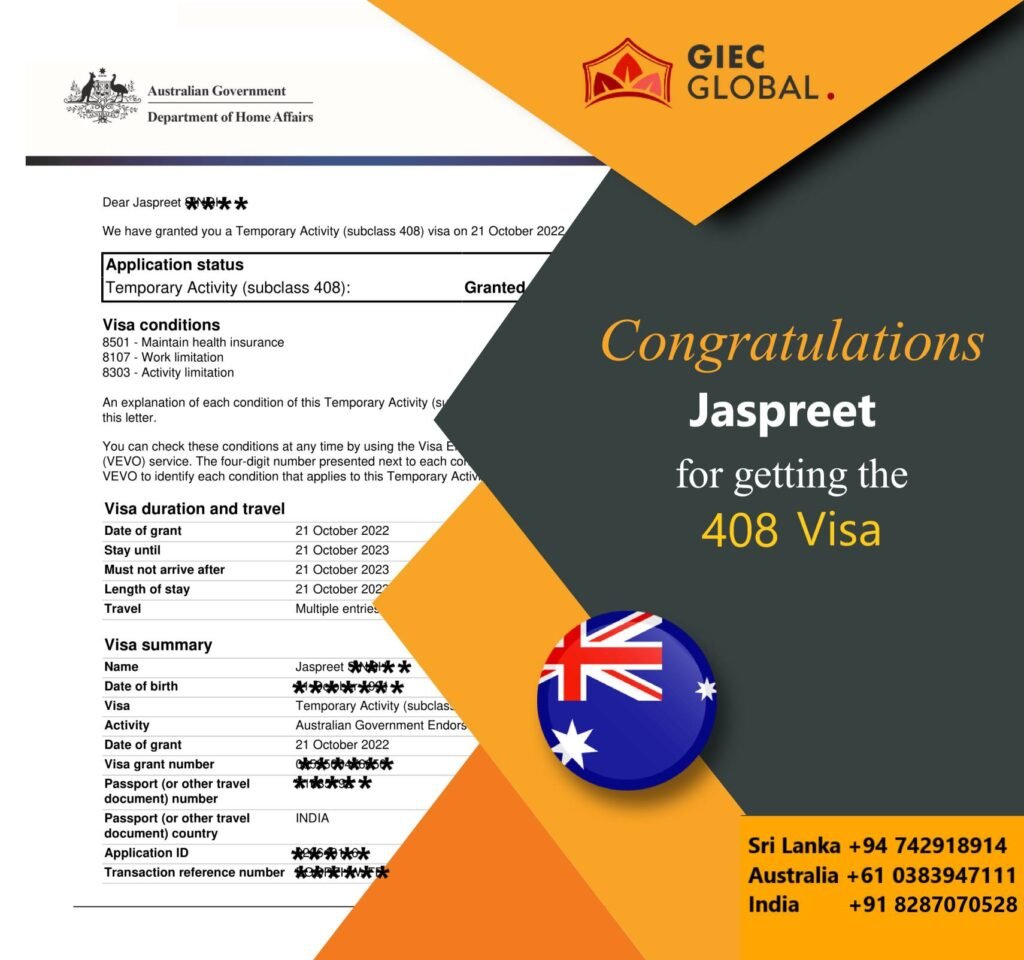 Australia work Visa granted of Jaspreet