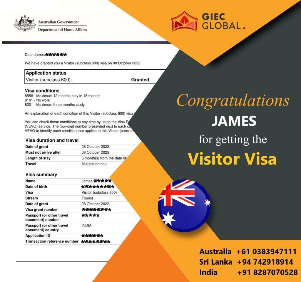 Australian Visitor Visa Granted of James
