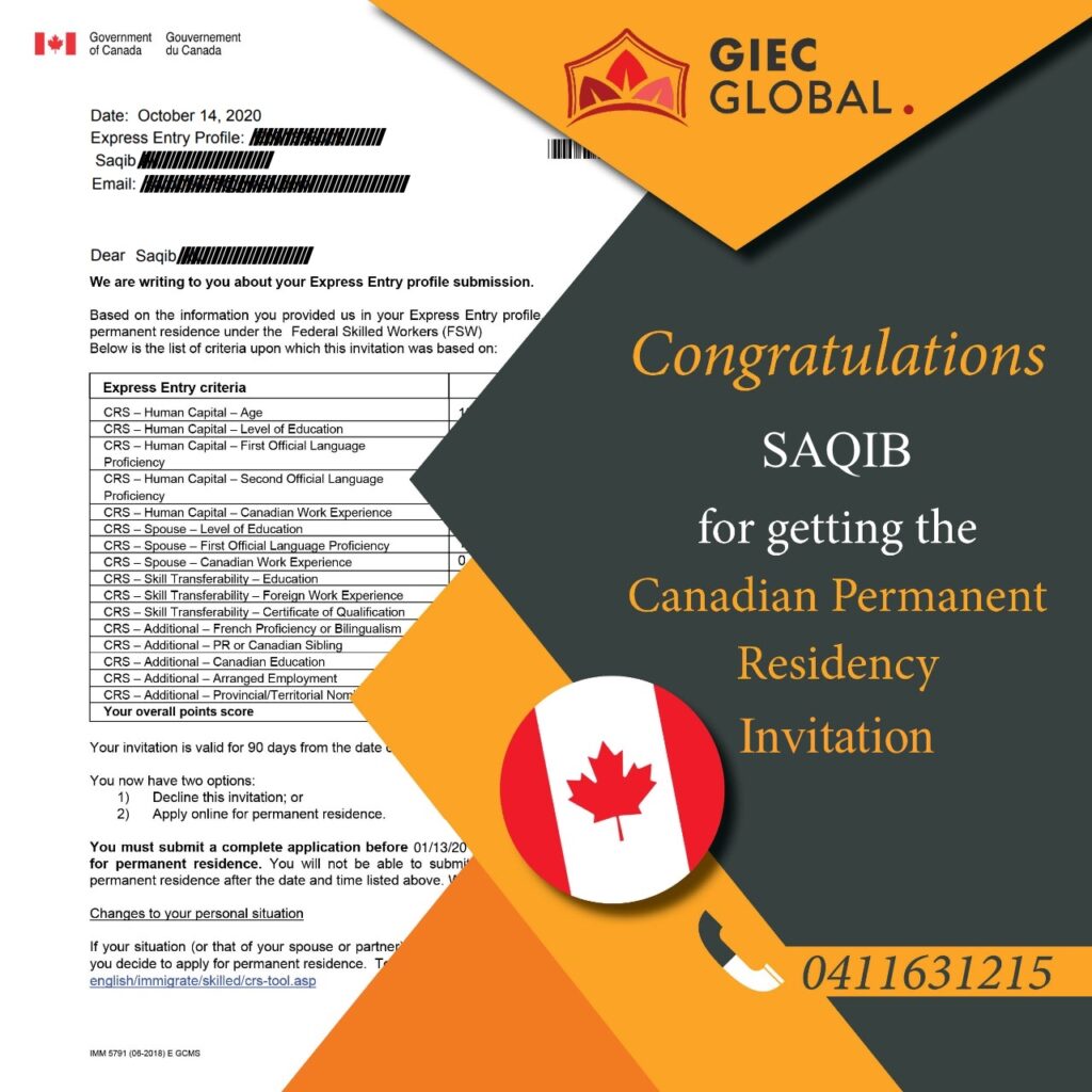 Canada PR Invitation Granted of Saqib