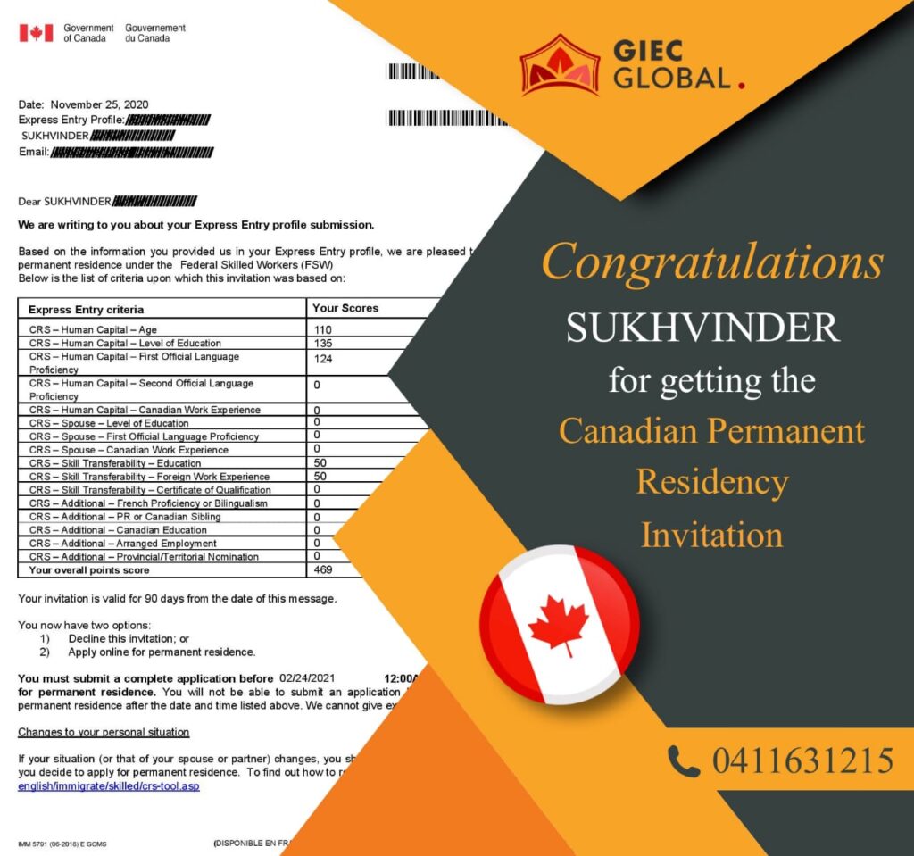 Canada PR Invitation of Sukhvinder