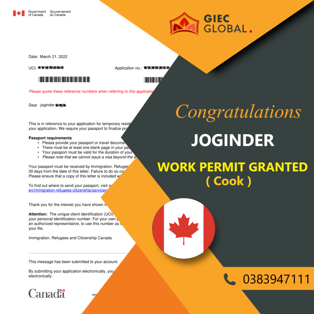 Canada Work Visa Granted of JOGINDER