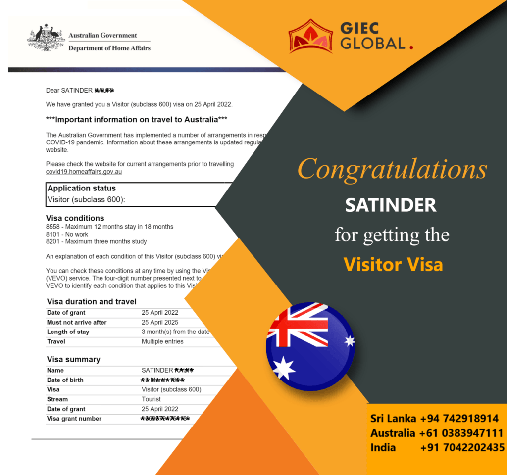 Australian Visitor Visa Granted of Satinder