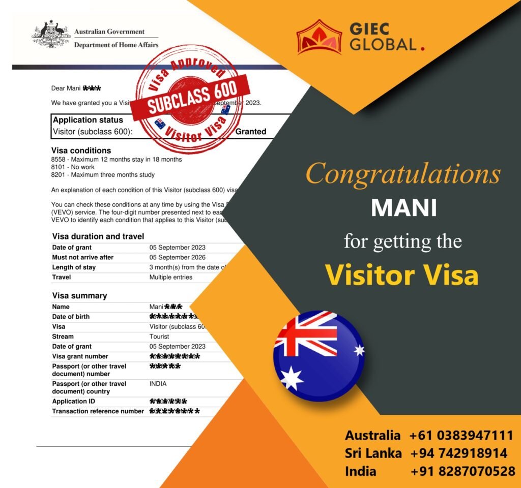 Australia Tourist Visa Grant MANI