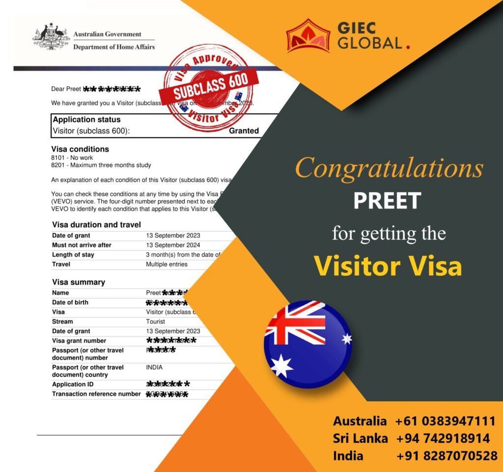 Australia Tourist Visa Grant of PREET