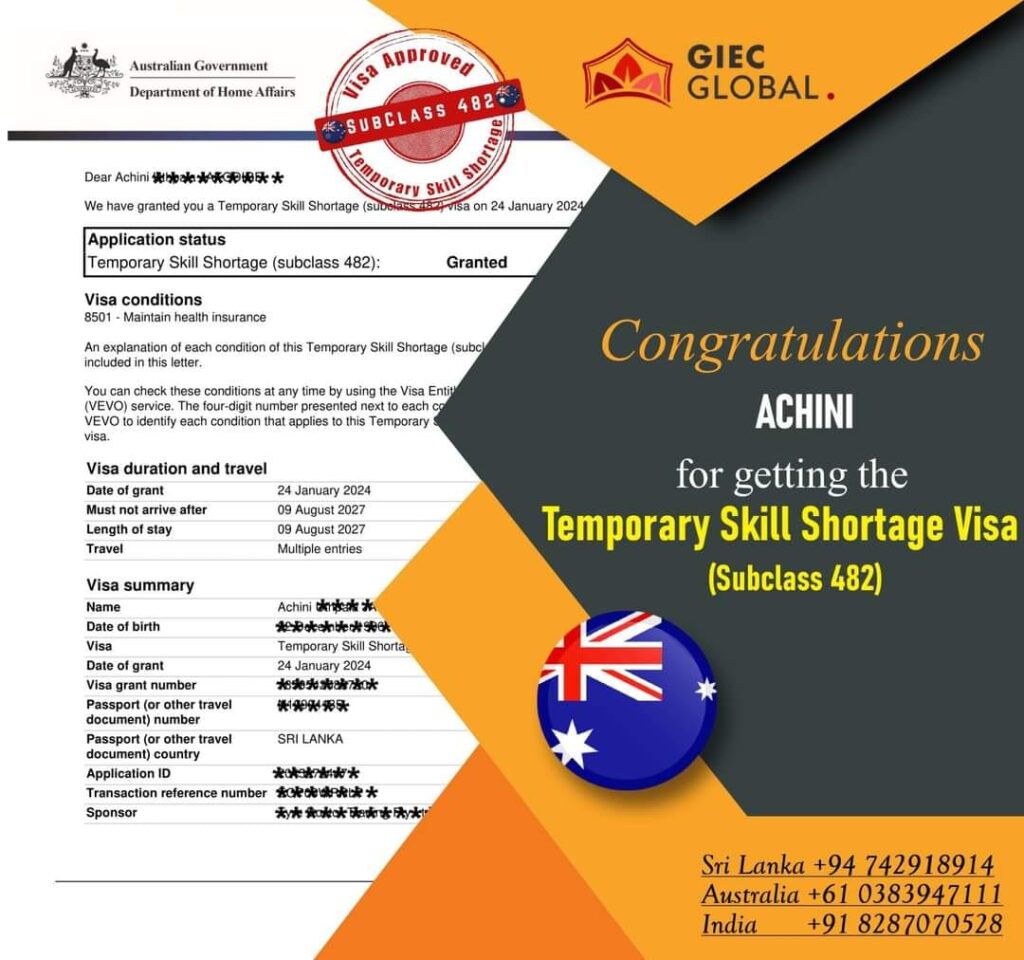 ACHINI SUBCLASS 482 Temporary Skill Shortage Visa Approved