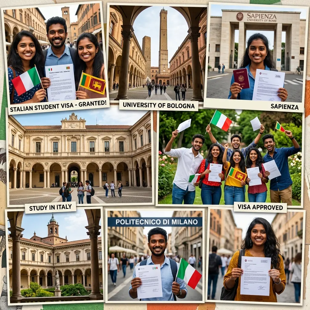 Sri Lankan students holding Italian flags/visa documents